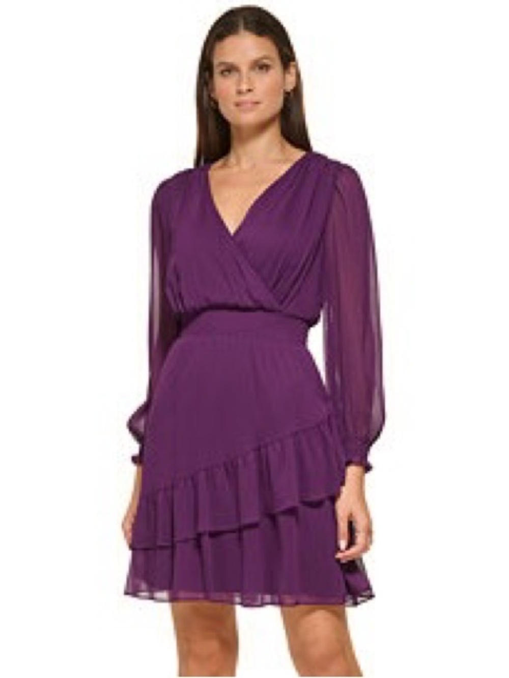 DKNY Chiffon Long Sleeve Surplice Neck Ruffle Faux Wrap Dress Plum Purple  14